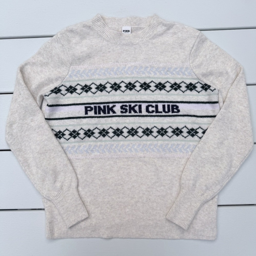 Victoria's Secret PINK Collegiate Knit Crewneck Sweater Ski Club Beige S NWT